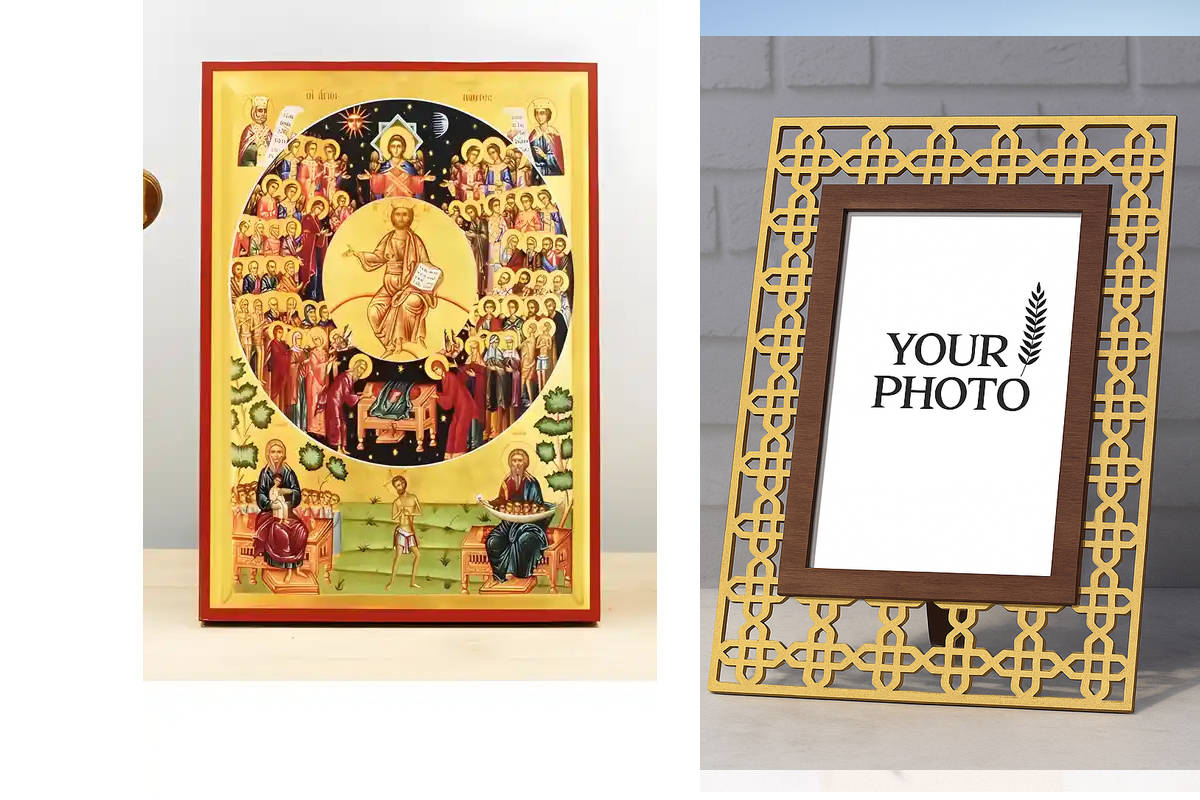 Εικόνα Ορθοδοξίας Πολυτελείας  με  σχεδιο Σταυρούς μαζι με  Βάση σε  8 χρώματα με περίγραμμα χρυσό σε ξύλο Plywood (Πλακάζ)   με  βάση Γιορτή των Αγίων Πάντων, Ξύλινη Χειροποίητη Εικόνα Ελληνικού Premium Βυζαντινού Στυλ Κρεμασμένο σε ξύλινη πλάκα Θρησκευτ