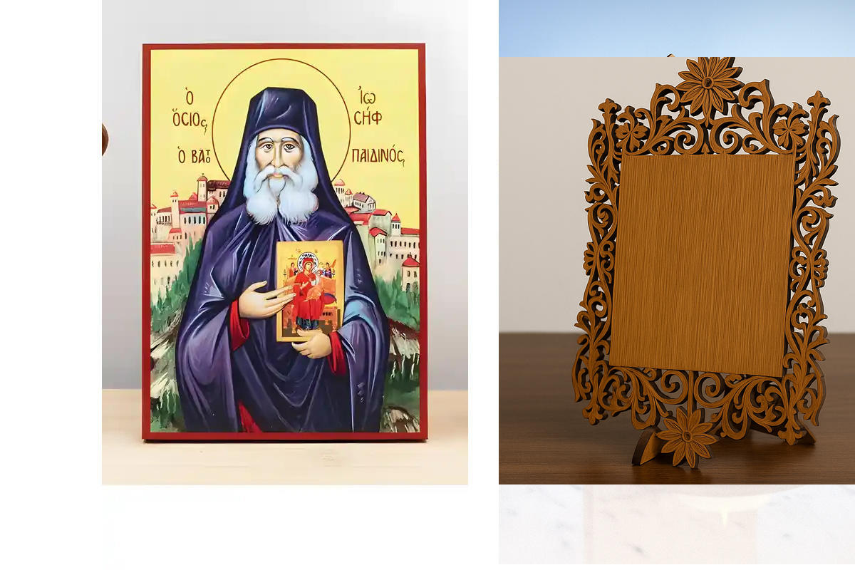 Εικόνα Ορθοδοξίας Δαντέλα μαζι με  Βάση σε  8 χρώματα με περίγραμμα χρυσό σε ξύλο Plywood (Πλακάζ)   με  βάση Άγιος Ιωσήφ Βατοπαιδίου, Ξύλινη Χειροποίητη Εικόνα Ελληνικού Βυζαντινού Στυλ Κρεμασμένη σε ξύλινη πλάκα Χειροποίητη Ελληνορθόδοξη εικόνα του Ιησο