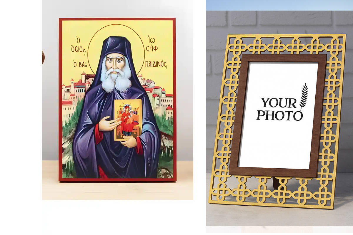 Εικόνα Ορθοδοξίας Πολυτελείας  με  σχεδιο Σταυρούς μαζι με  Βάση σε  8 χρώματα με περίγραμμα χρυσό σε ξύλο Plywood (Πλακάζ)   με  βάση Άγιος Ιωσήφ Βατοπαιδίου, Ξύλινη Χειροποίητη Εικόνα Ελληνικού Βυζαντινού Στυλ Κρεμασμένη σε ξύλινη πλάκα Χειροποίητη Ελλη