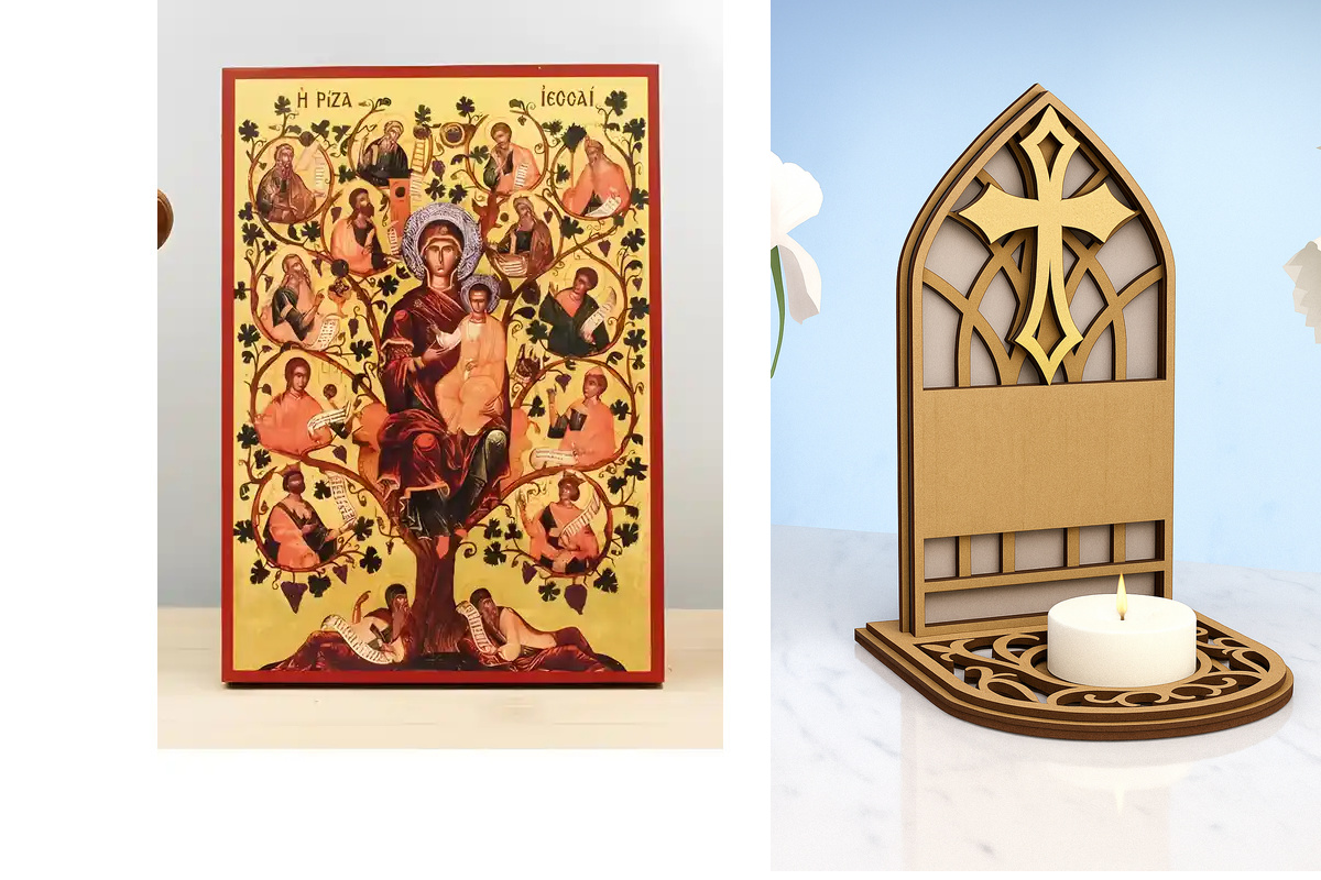 Εικόνα Ορθοδοξίας Καντηλάκι σε  8 χρώματα με περίγραμμα χρυσό σε ξύλο Plywood (Πλακάζ)   με  βάση Virgin Mary The Tree of Jesse, Ξύλινη Χειροποίητη Εικόνα Ελληνικού Premium Βυζαντινού Στυλ Κρεμασμένο σε ξύλινη πλάκα Θρησκευτικό θέμα Χειροποίητη Ελληνορθόδ