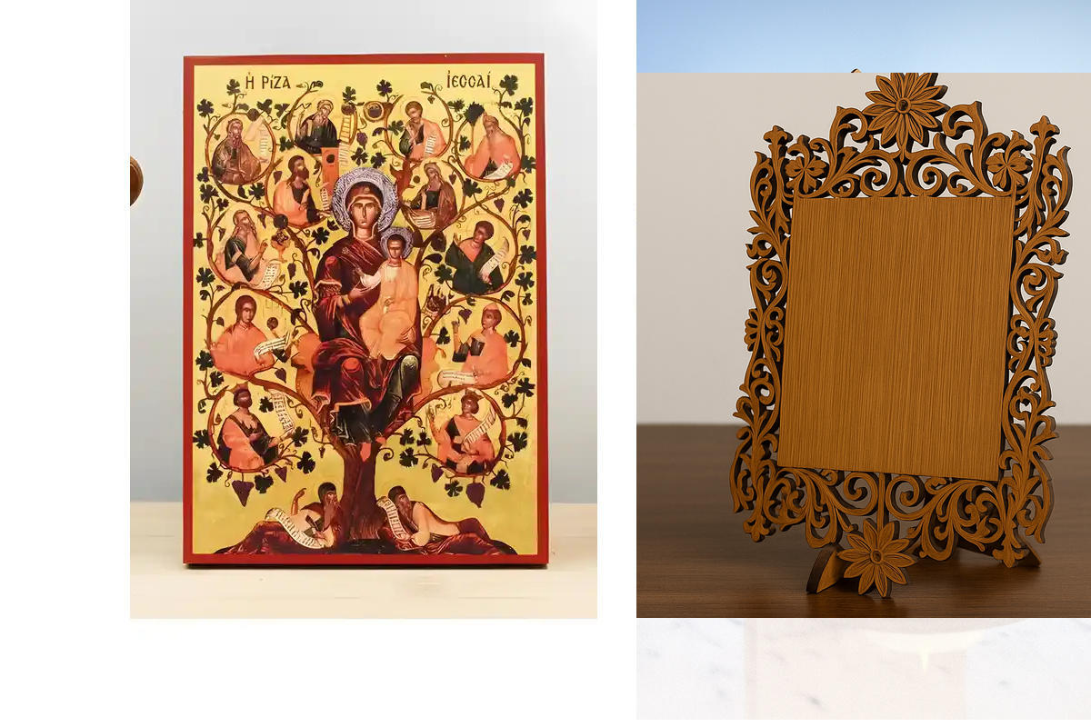 Σετ 2 τεμαχίων – Εικόνα Ορθοδοξίας Δαντέλα μαζι με  Βάση σε  8 χρώματα με περίγραμμα χρυσό σε ξύλο Plywood (Πλακάζ)   με  βάση Virgin Mary The Tree of Jesse, Ξύλινη Χειροποίητη Εικόνα Ελληνικού Premium Βυζαντινού Στυλ Κρεμασμένο σε ξύλινη πλάκα Θρησκευτικ