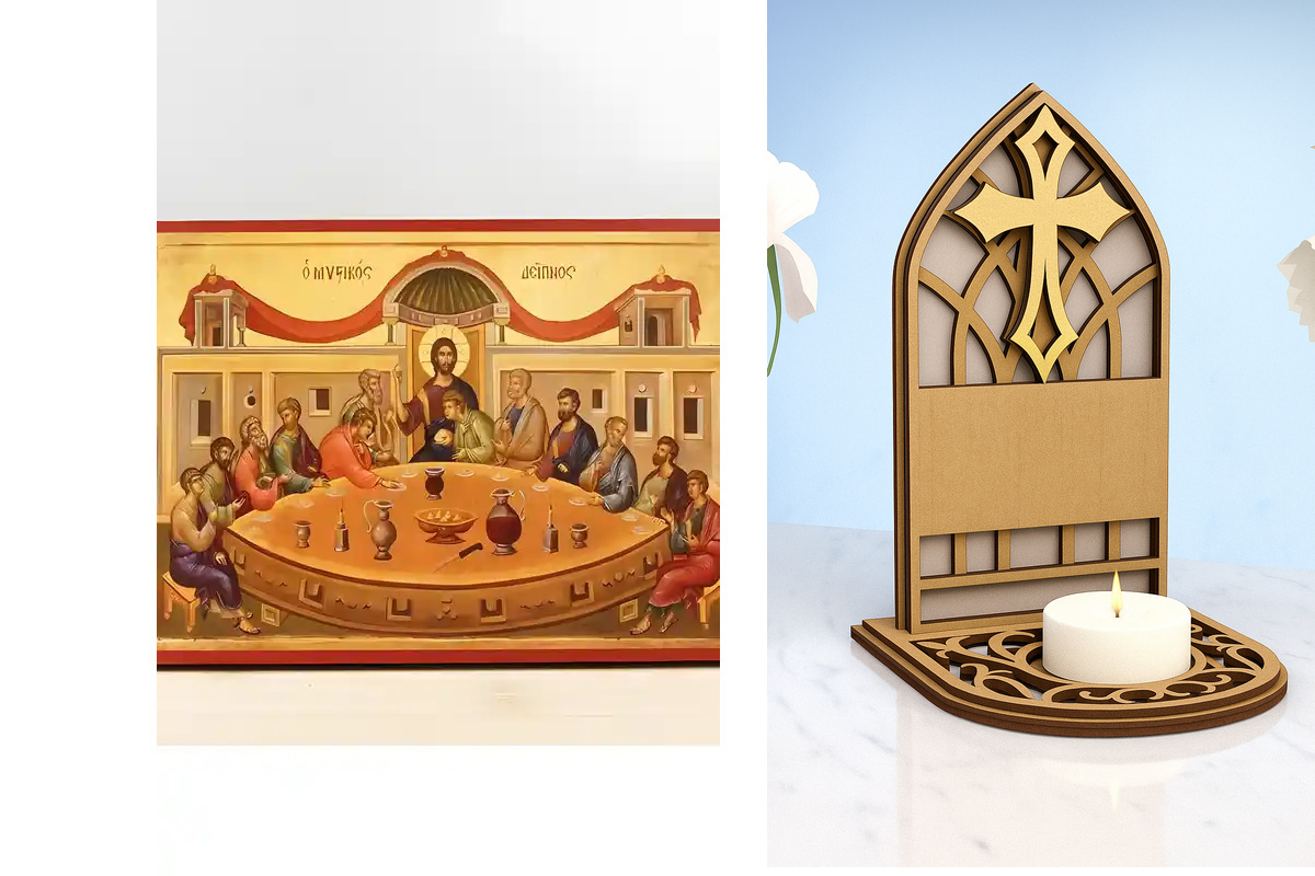 Εικόνα Ορθοδοξίας Καντηλάκι σε  8 χρώματα με περίγραμμα χρυσό σε ξύλο Plywood (Πλακάζ)   με  βάση Ο Μυστικός Δείπνος Ο Ιησούς Χριστός με τους Αποστόλους, Ξύλινη Χειροποίητη Εικόνα Ελληνικού Premium Βυζαντινού Στυλ Κρεμασμένο σε ξύλινη πλάκα Θρησκευτικό θέ