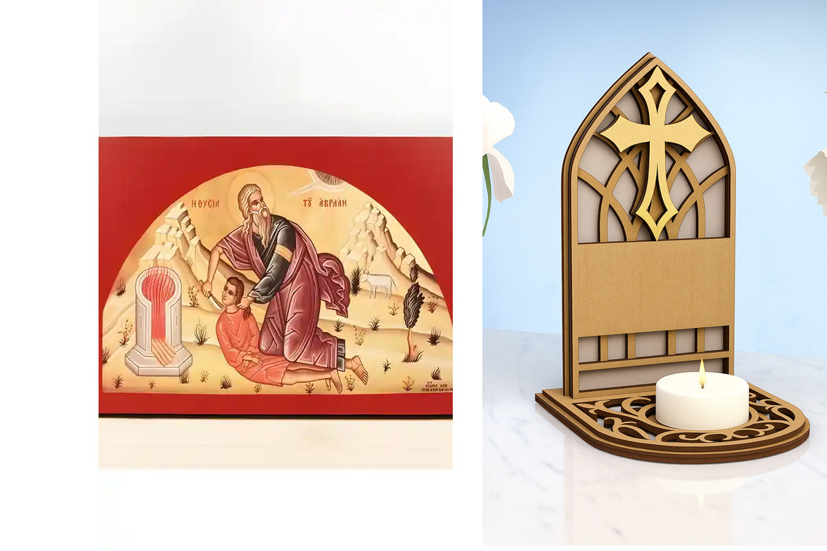Εικόνα Ορθοδοξίας Καντηλάκι σε  8 χρώματα με περίγραμμα χρυσό σε ξύλο Plywood (Πλακάζ)   με  βάση The Sacrifice of Abraham, Ξύλινη Χειροποίητη Εικόνα Ελληνικού Premium Βυζαντινού Στυλ Κρεμασμένος σε ξύλινη πλάκα Θρησκευτικό θέμα Χειροποίητη Ελληνορθόδοξη