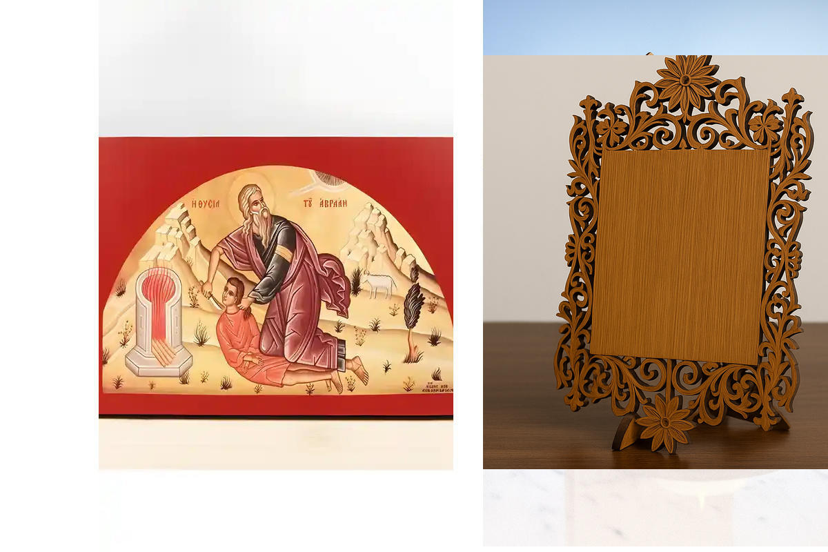 Εικόνα Ορθοδοξίας Δαντέλα μαζι με  Βάση σε  8 χρώματα με περίγραμμα χρυσό σε ξύλο Plywood (Πλακάζ)   με  βάση The Sacrifice of Abraham, Ξύλινη Χειροποίητη Εικόνα Ελληνικού Premium Βυζαντινού Στυλ Κρεμασμένος σε ξύλινη πλάκα Θρησκευτικό θέμα Χειροποίητη Ελ