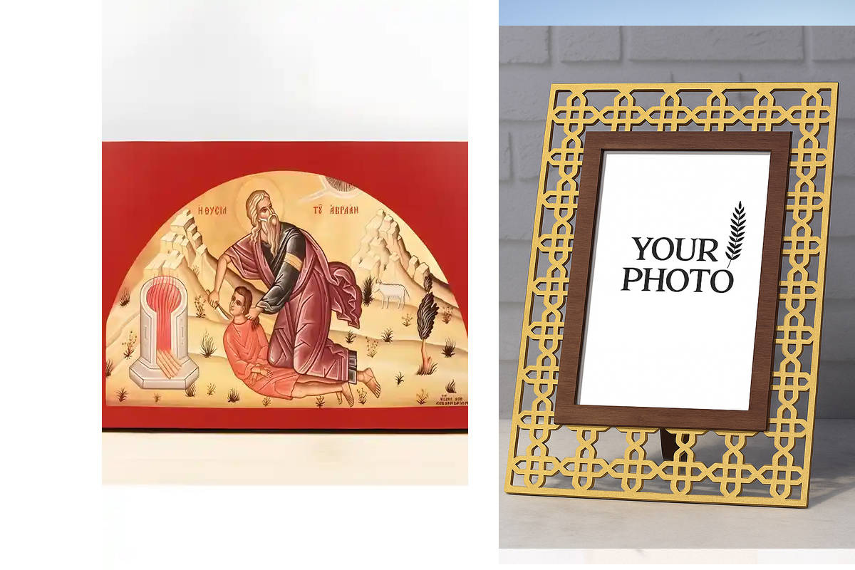 Εικόνα Ορθοδοξίας Πολυτελείας  με  σχεδιο Σταυρούς μαζι με  Βάση σε  8 χρώματα με περίγραμμα χρυσό σε ξύλο Plywood (Πλακάζ)   με  βάση The Sacrifice of Abraham, Ξύλινη Χειροποίητη Εικόνα Ελληνικού Premium Βυζαντινού Στυλ Κρεμασμένος σε ξύλινη πλάκα Θρησκε