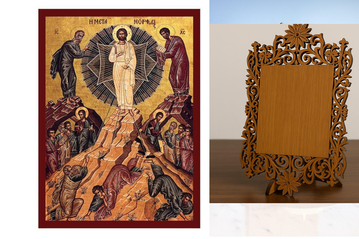 Εικόνα Ορθοδοξίας Δαντέλα μαζι με  Βάση σε  8 χρώματα με περίγραμμα χρυσό σε ξύλο Plywood (Πλακάζ)   με  βάση Εικόνα της Μεταμόρφωσης του Χριστού, Χειροποίητη Ελληνορθόδοξη εικόνα του Ιησού Χριστού, Κρεμαστή πλάκα βυζαντινής τέχνης, θρησκευτική διακόσμηση