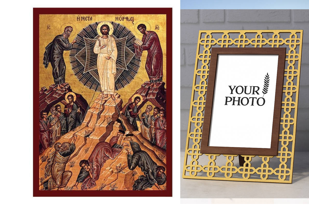 Εικόνα Ορθοδοξίας Πολυτελείας  με  σχεδιο Σταυρούς μαζι με  Βάση σε  8 χρώματα με περίγραμμα χρυσό σε ξύλο Plywood (Πλακάζ)   με  βάση Εικόνα της Μεταμόρφωσης του Χριστού, Χειροποίητη Ελληνορθόδοξη εικόνα του Ιησού Χριστού, Κρεμαστή πλάκα βυζαντινής τέχνη