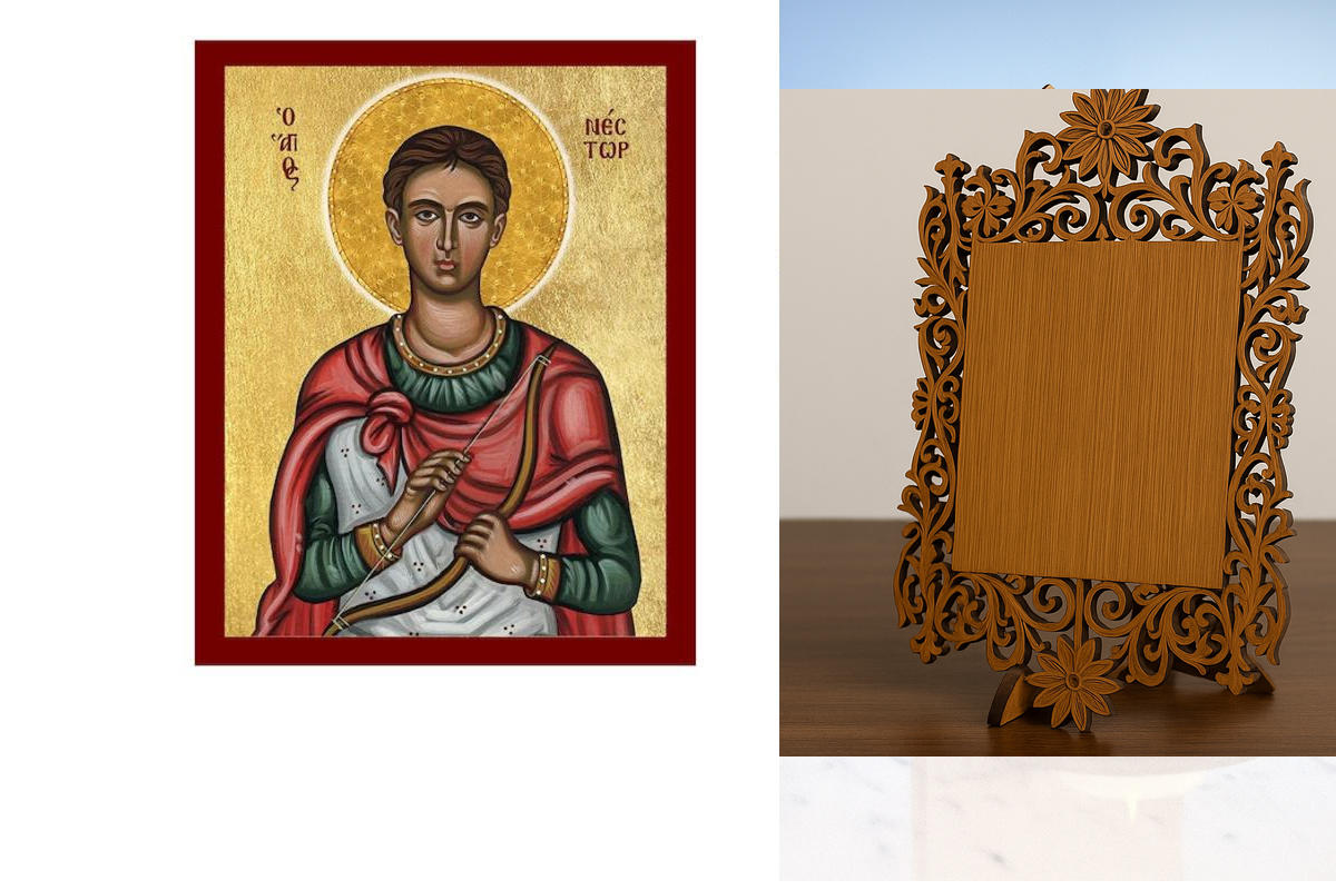 Εικόνα Ορθοδοξίας Δαντέλα μαζι με  Βάση σε  8 χρώματα με περίγραμμα χρυσό σε ξύλο Plywood (Πλακάζ)   με  βάση Εικόνα Αγίου Νέστορα, Χειροποίητη βυζαντινή εικόνα του Αγίου Νέστορα, Πλακέτα θρησκευτικής τέχνης, Χριστιανικό δώρο Διάσταση 40x30 cm (15,8 x 11,