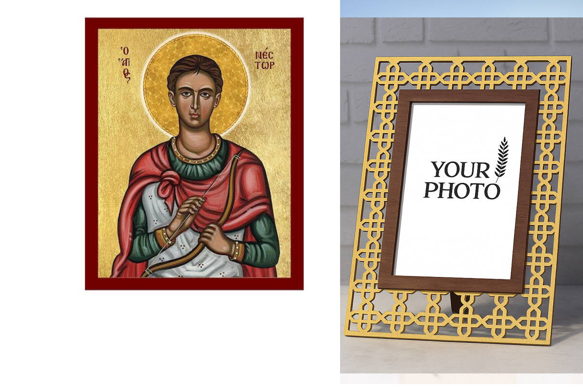 Εικόνα Ορθοδοξίας Πολυτελείας  με  σχεδιο Σταυρούς μαζι με  Βάση σε  8 χρώματα με περίγραμμα χρυσό σε ξύλο Plywood (Πλακάζ)   με  βάση Εικόνα Αγίου Νέστορα, Χειροποίητη βυζαντινή εικόνα του Αγίου Νέστορα, Πλακέτα θρησκευτικής τέχνης, Χριστιανικό δώρο Διάσ