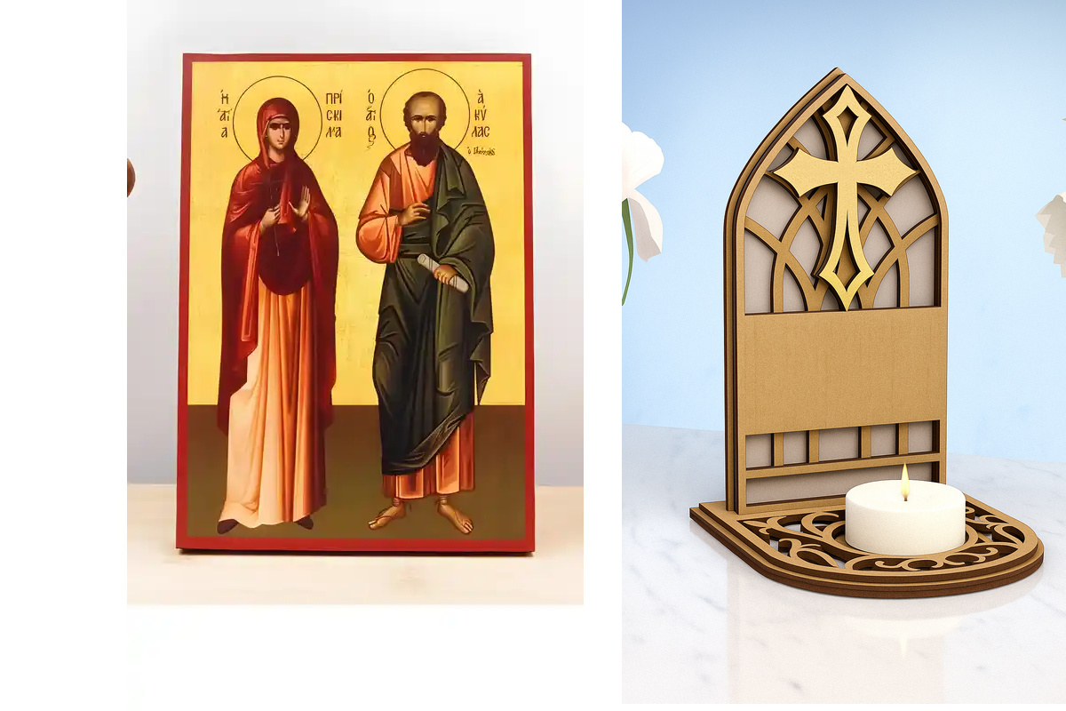 Εικόνα Ορθοδοξίας Καντηλάκι σε  8 χρώματα με περίγραμμα χρυσό σε ξύλο Plywood (Πλακάζ)   με  βάση Saints Priscilla and Aquila, Ξύλινη Χειροποίητη Εικόνα Ελληνικού Premium Βυζαντινού Στυλ Κρεμασμένη σε ξύλινη πλάκα Χειροποίητη Ελληνορθόδοξη εικόνα του Ιησο