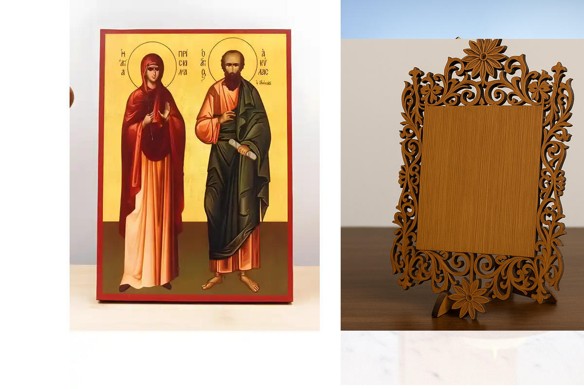 Εικόνα Ορθοδοξίας Δαντέλα μαζι με  Βάση σε  8 χρώματα με περίγραμμα χρυσό σε ξύλο Plywood (Πλακάζ)   με  βάση Saints Priscilla and Aquila, Ξύλινη Χειροποίητη Εικόνα Ελληνικού Premium Βυζαντινού Στυλ Κρεμασμένη σε ξύλινη πλάκα Χειροποίητη Ελληνορθόδοξη εικ