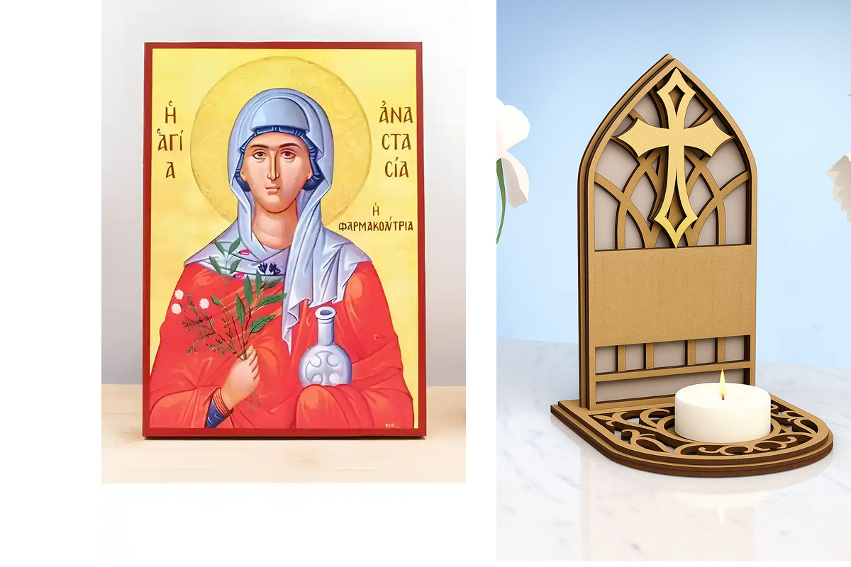 Εικόνα Ορθοδοξίας Καντηλάκι σε  8 χρώματα με περίγραμμα χρυσό σε ξύλο Plywood (Πλακάζ)   με  βάση Αγία Αναστασία Φαρμακολύτρια, Ξύλινη Χειροποίητη Εικόνα Ελληνικής Premium Βυζαντινού Στυλ Κρεμαστή σε ξύλινη πλάκα Θρησκευτικό θέμα Χειροποίητη Ελληνορθόδοξη