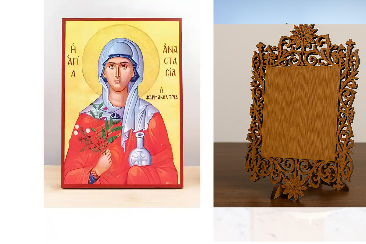 Εικόνα Ορθοδοξίας Δαντέλα μαζι με  Βάση σε  8 χρώματα με περίγραμμα χρυσό σε ξύλο Plywood (Πλακάζ)   με  βάση Αγία Αναστασία Φαρμακολύτρια, Ξύλινη Χειροποίητη Εικόνα Ελληνικής Premium Βυζαντινού Στυλ Κρεμαστή σε ξύλινη πλάκα Θρησκευτικό θέμα Χειροποίητη Ε