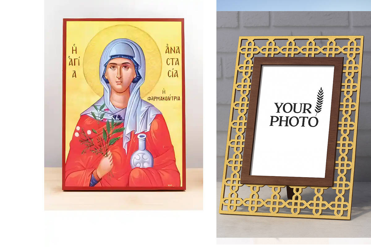 Εικόνα Ορθοδοξίας Πολυτελείας  με  σχεδιο Σταυρούς μαζι με  Βάση σε  8 χρώματα με περίγραμμα χρυσό σε ξύλο Plywood (Πλακάζ)   με  βάση Αγία Αναστασία Φαρμακολύτρια, Ξύλινη Χειροποίητη Εικόνα Ελληνικής Premium Βυζαντινού Στυλ Κρεμαστή σε ξύλινη πλάκα Θρησκ