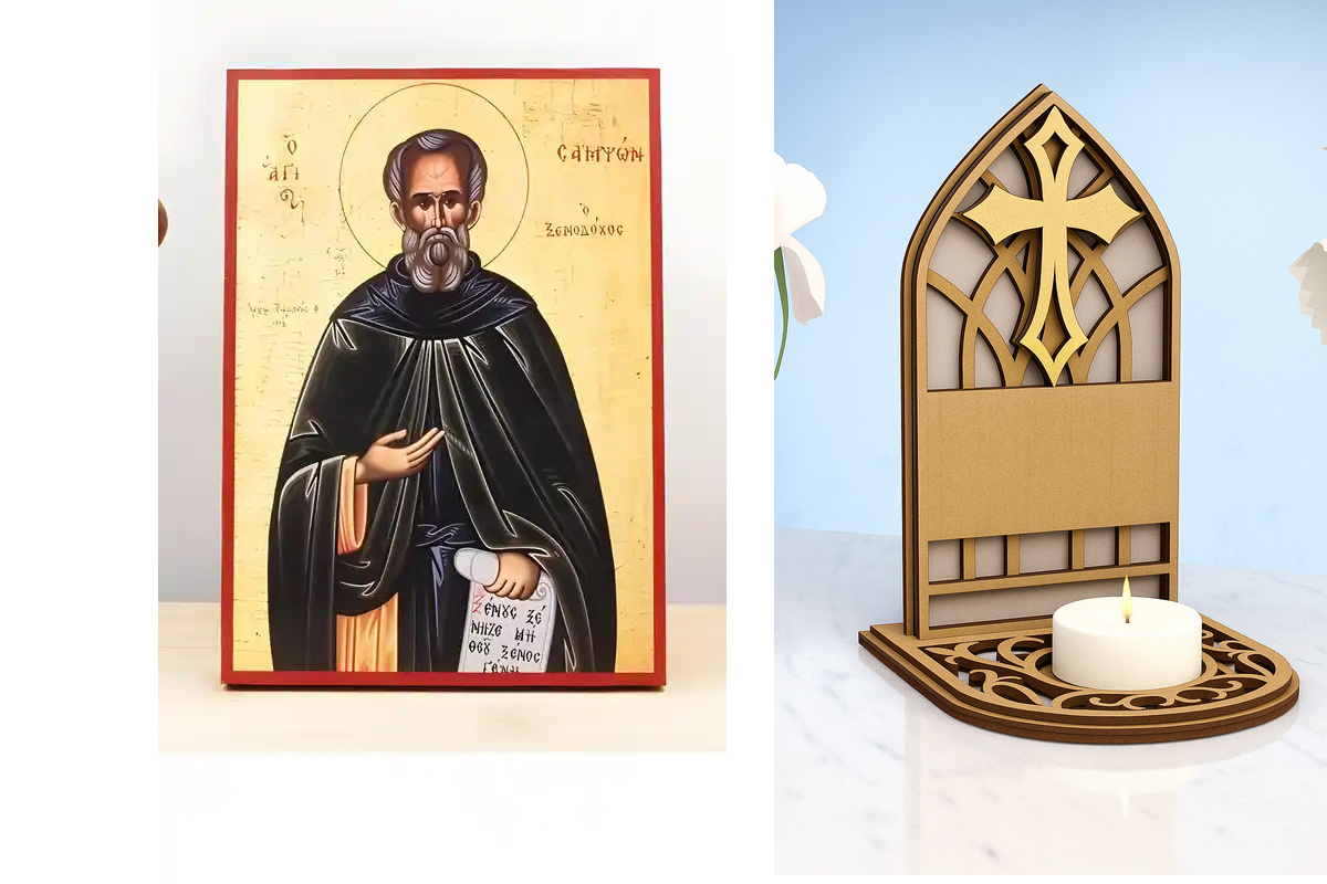 Εικόνα Ορθοδοξίας Καντηλάκι σε  8 χρώματα με περίγραμμα χρυσό σε ξύλο Plywood (Πλακάζ)   με  βάση Άγιος Σαμψών ο Φιλόξενος, Ξύλινη Χειροποίητη Εικόνα Ελληνικής Premium Βυζαντινού Στυλ Κρεμαστή σε ξύλινη πλάκα Χειροποίητη Ελληνορθόδοξη εικόνα του Ιησού Χρι