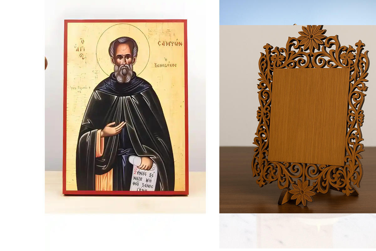 Σετ 2 τεμαχίων – Εικόνα Ορθοδοξίας Δαντέλα μαζι με  Βάση σε  8 χρώματα με περίγραμμα χρυσό σε ξύλο Plywood (Πλακάζ)   με  βάση Άγιος Σαμψών ο Φιλόξενος, Ξύλινη Χειροποίητη Εικόνα Ελληνικής Premium Βυζαντινού Στυλ Κρεμαστή σε ξύλινη πλάκα Χειροποίητη Ελλην