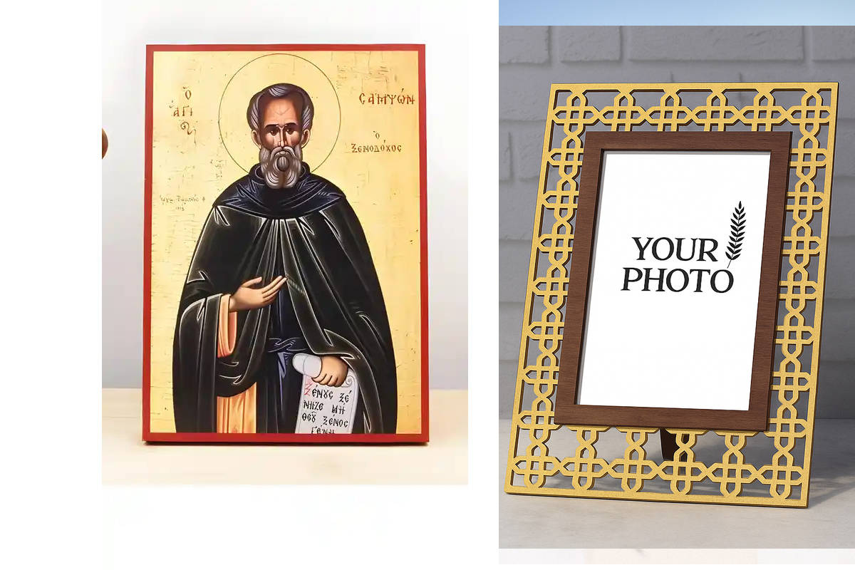 Εικόνα Ορθοδοξίας Πολυτελείας  με  σχεδιο Σταυρούς μαζι με  Βάση σε  8 χρώματα με περίγραμμα χρυσό σε ξύλο Plywood (Πλακάζ)   με  βάση Άγιος Σαμψών ο Φιλόξενος, Ξύλινη Χειροποίητη Εικόνα Ελληνικής Premium Βυζαντινού Στυλ Κρεμαστή σε ξύλινη πλάκα Χειροποίη