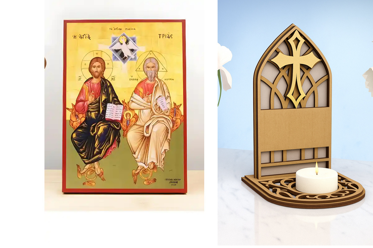 Εικόνα Ορθοδοξίας Καντηλάκι σε  8 χρώματα με περίγραμμα χρυσό σε ξύλο Plywood (Πλακάζ)   με  βάση Αγίας Τριάδας Ανθρωπομορφική, Ξύλινη Χειροποίητη Εικόνα Ο τοίχος Ελληνικού Premium Βυζαντινού Στυλ Κρεμασμένος σε Ξύλινη Πλάκα Θρησκευτικό Θέμα Χειροποίητη Ε