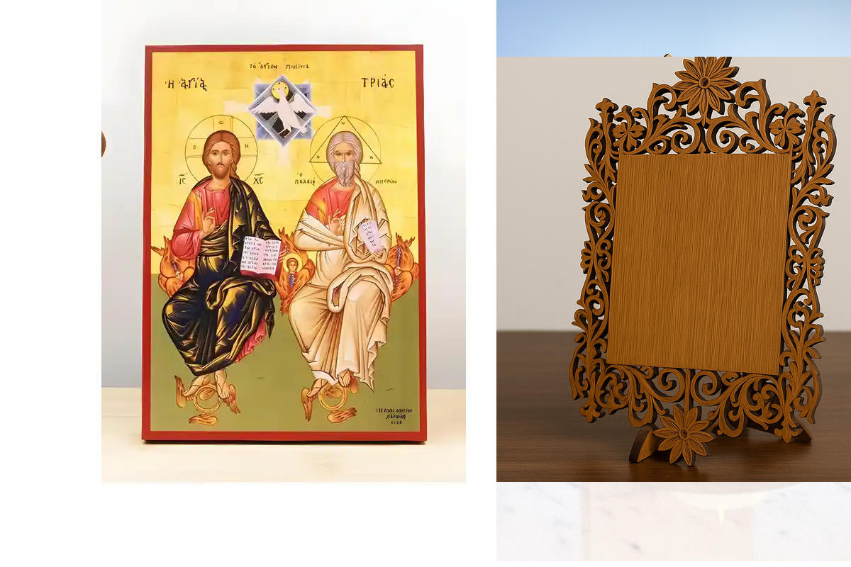 Σετ 2 τεμαχίων – Εικόνα Ορθοδοξίας Δαντέλα μαζι με  Βάση σε  8 χρώματα με περίγραμμα χρυσό σε ξύλο Plywood (Πλακάζ)   με  βάση Αγίας Τριάδας Ανθρωπομορφική, Ξύλινη Χειροποίητη Εικόνα Ο τοίχος Ελληνικού Premium Βυζαντινού Στυλ Κρεμασμένος σε Ξύλινη Πλάκα Θ