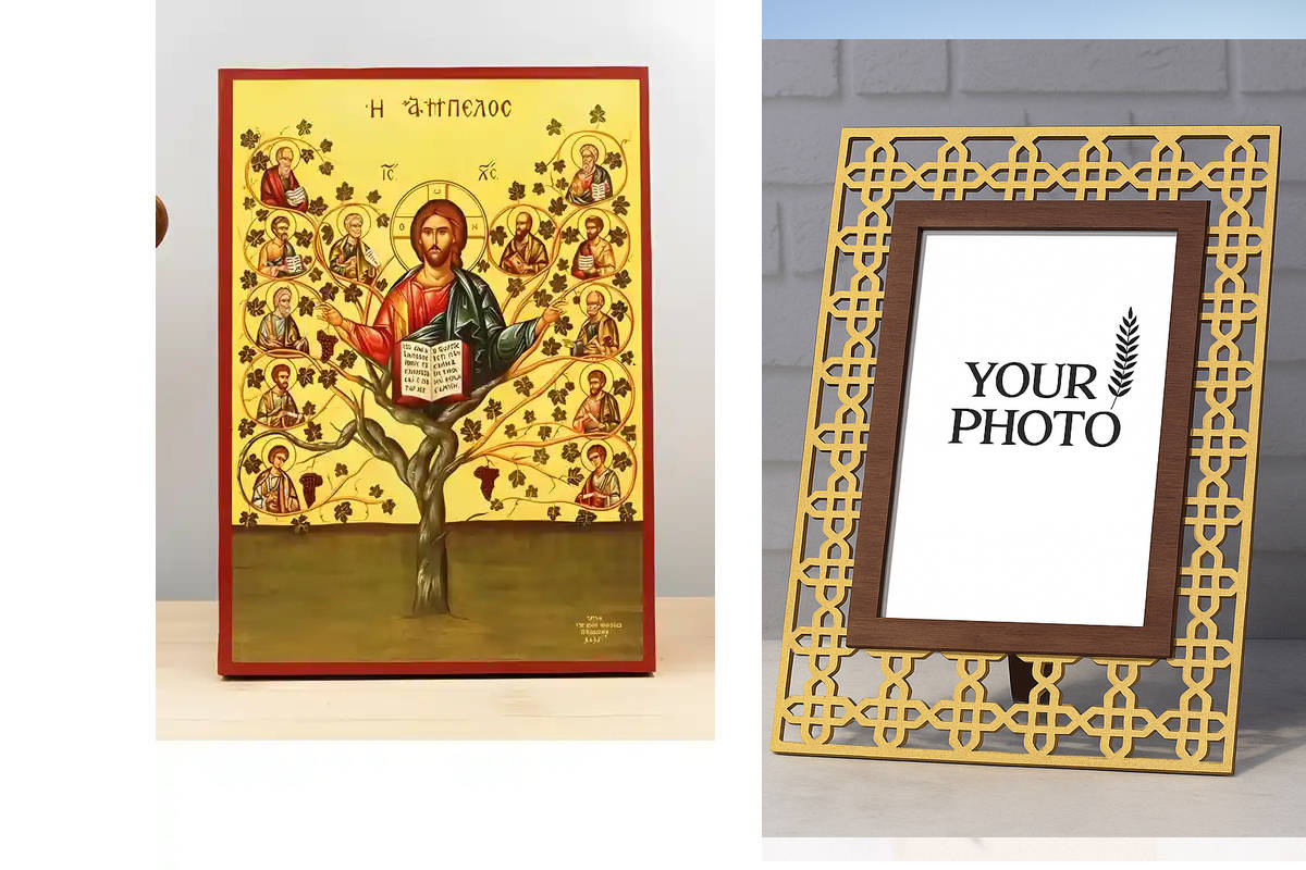 Εικόνα Ορθοδοξίας Πολυτελείας  με  σχεδιο Σταυρούς μαζι με  Βάση σε  8 χρώματα με περίγραμμα χρυσό σε ξύλο Plywood (Πλακάζ)   με  βάση Ο Ιησούς Χριστός με τους Αποστόλους στην Άμπελο "Άμπελος", Ξύλινη Χειροποίητη Εικόνα Ελληνικής Κορυφαίας Βυζαντινής Στυλ