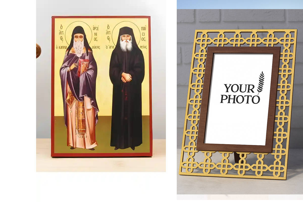 Εικόνα Ορθοδοξίας Πολυτελείας  με  σχεδιο Σταυρούς μαζι με  Βάση σε  8 χρώματα με περίγραμμα χρυσό σε ξύλο Plywood (Πλακάζ)   με  βάση Άγιοι Παΐσιος ο Αθωνίτης και Αρσένιος ο Καππαδόκης, Ξύλινη Χειροποίητη Εικόνα Ελληνικής Κορυφαίας Βυζαντινής Στυλ Κρεμασ