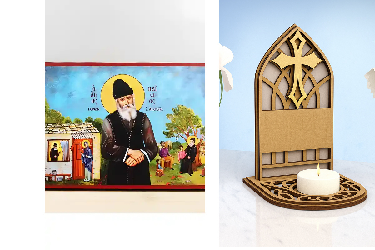 Εικόνα Ορθοδοξίας Καντηλάκι σε  8 χρώματα με περίγραμμα χρυσό σε ξύλο Plywood (Πλακάζ)   με  βάση Άγιος Παΐσιος ο Αγιορείτης Κάθετη, Ξύλινη Χειροποίητη Εικόνα Ελληνικής Premium Βυζαντινού Στυλ Κρεμαστή σε ξύλινη πλάκα Θρησκευτικό Θέμα Χειροποίητη Ελληνορθ