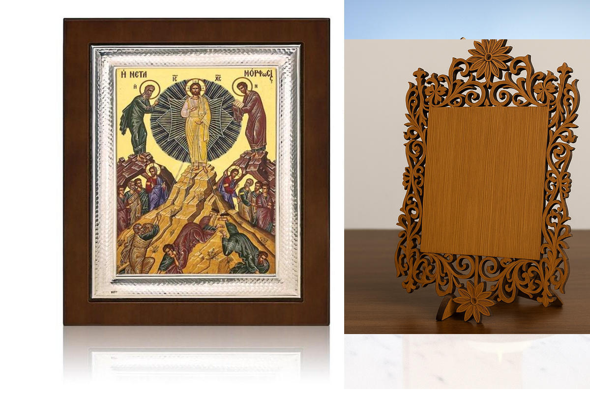 Εικόνα Ορθοδοξίας Δαντέλα μαζι με  Βάση σε  8 χρώματα με περίγραμμα χρυσό σε ξύλο Plywood (Πλακάζ)   με  βάση Εικόνα Η Μεταμόρφωση του Ιησού Χριστού, Σφράγιση χρυσού φύλλου με διακοσμητικό ασημένιο φιλμ, 27x22 εκ., Χειροποίητη Θρησκευτική Τέχνη, Χριστιανι