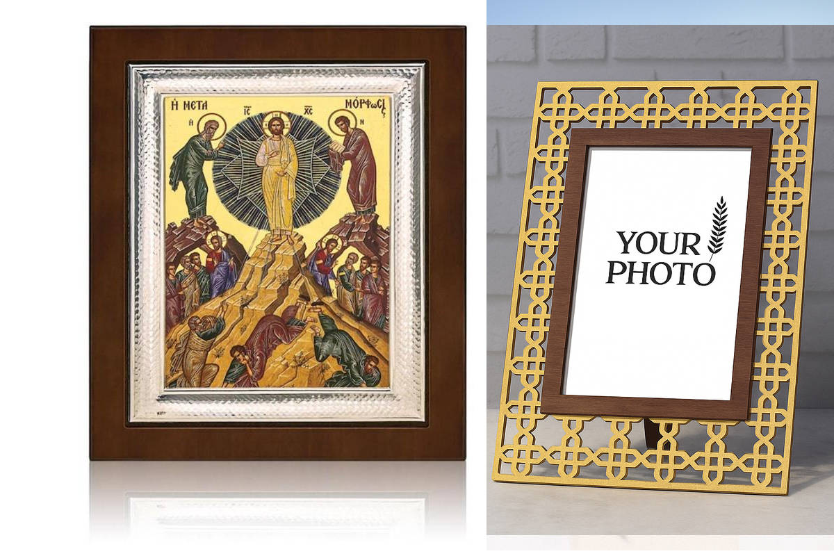 Εικόνα Ορθοδοξίας Πολυτελείας  με  σχεδιο Σταυρούς μαζι με  Βάση σε  8 χρώματα με περίγραμμα χρυσό σε ξύλο Plywood (Πλακάζ)   με  βάση Εικόνα Η Μεταμόρφωση του Ιησού Χριστού, Σφράγιση χρυσού φύλλου με διακοσμητικό ασημένιο φιλμ, 27x22 εκ., Χειροποίητη Θρη