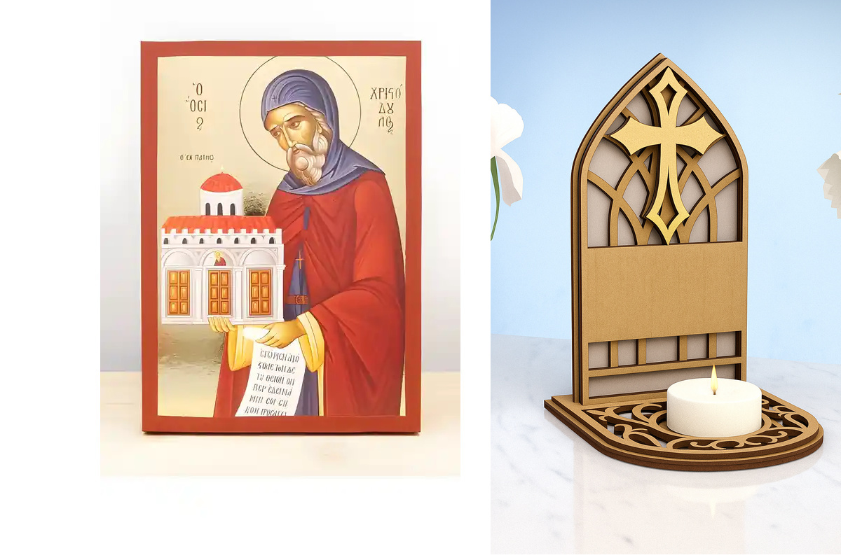 Εικόνα Ορθοδοξίας Καντηλάκι σε  8 χρώματα με περίγραμμα χρυσό σε ξύλο Plywood (Πλακάζ)   με  βάση Άγιος Χριστόδουλος της Πάτμου, Ξύλινη Χειροποίητη Εικόνα με χρυσό φύλλο Ελληνικό Premium Βυζαντινού Στυλ Κρεμαστό τοίχου Θρησκευτικό Θέμα Χειροποίητη Ελληνορ