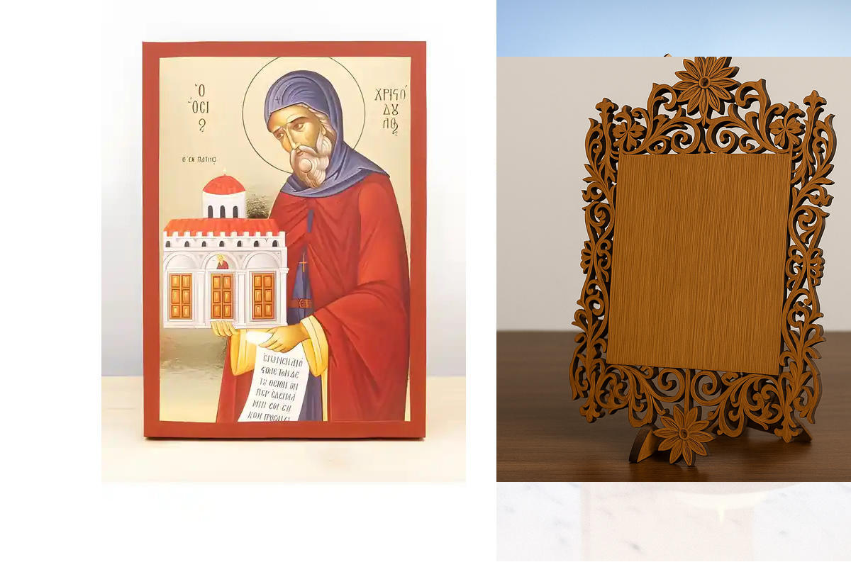 Σετ 2 τεμαχίων – Εικόνα Ορθοδοξίας Δαντέλα μαζι με  Βάση σε  8 χρώματα με περίγραμμα χρυσό σε ξύλο Plywood (Πλακάζ)   με  βάση Άγιος Χριστόδουλος της Πάτμου, Ξύλινη Χειροποίητη Εικόνα με χρυσό φύλλο Ελληνικό Premium Βυζαντινού Στυλ Κρεμαστό τοίχου Θρησκευ