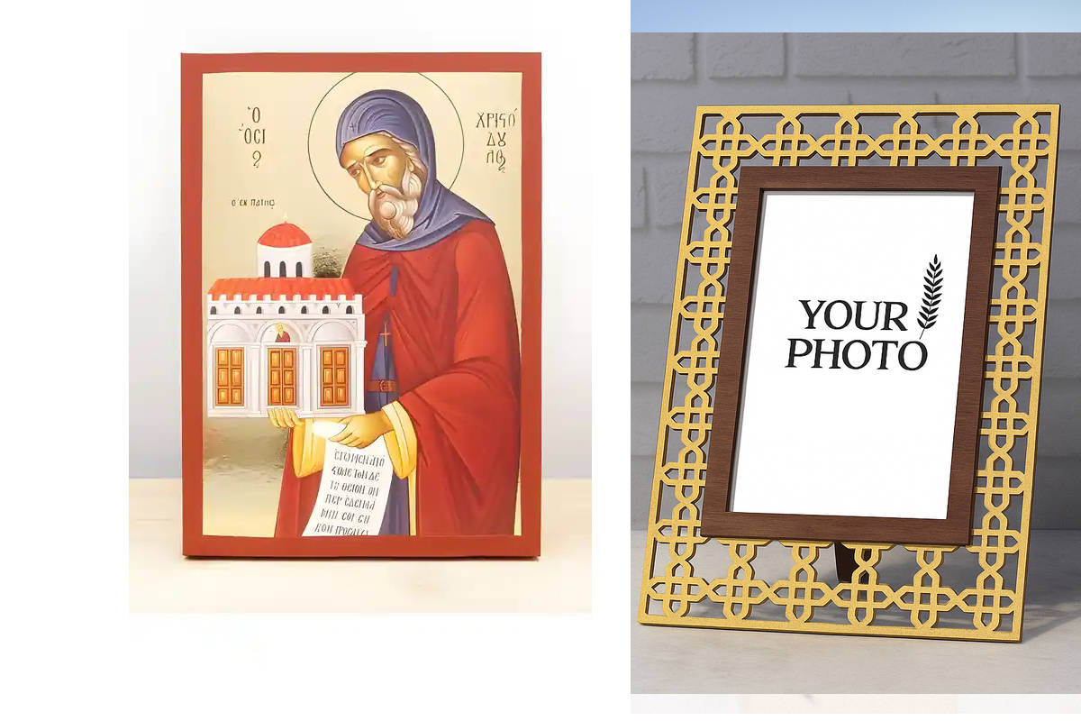 Εικόνα Ορθοδοξίας Πολυτελείας  με  σχεδιο Σταυρούς μαζι με  Βάση σε  8 χρώματα με περίγραμμα χρυσό σε ξύλο Plywood (Πλακάζ)   με  βάση Άγιος Χριστόδουλος της Πάτμου, Ξύλινη Χειροποίητη Εικόνα με χρυσό φύλλο Ελληνικό Premium Βυζαντινού Στυλ Κρεμαστό τοίχου