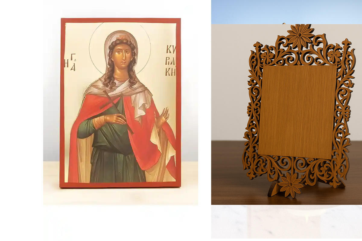 Εικόνα Ορθοδοξίας Δαντέλα μαζι με  Βάση σε  8 χρώματα με περίγραμμα χρυσό σε ξύλο Plywood (Πλακάζ)   με  βάση Αγία Κυριακή η Μεγαλομάρτυς, Ξύλινη Χειροποίητη Εικόνα με Ψηφιακή Εκτύπωση Ελληνικό Premium Βυζαντινού Στυλ Κρεμαστό τοίχου Θρησκευτικό Θέμα Χειρ