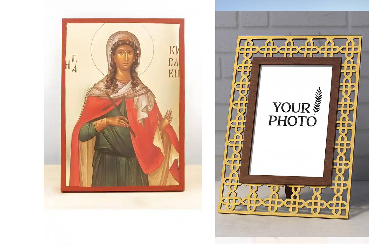 Εικόνα Ορθοδοξίας Πολυτελείας  με  σχεδιο Σταυρούς μαζι με  Βάση σε  8 χρώματα με περίγραμμα χρυσό σε ξύλο Plywood (Πλακάζ)   με  βάση Αγία Κυριακή η Μεγαλομάρτυς, Ξύλινη Χειροποίητη Εικόνα με Ψηφιακή Εκτύπωση Ελληνικό Premium Βυζαντινού Στυλ Κρεμαστό τοί