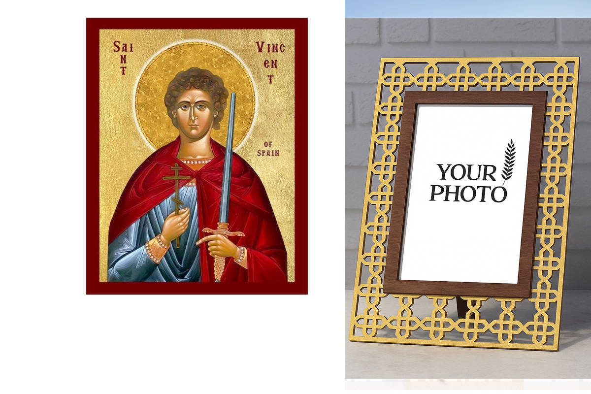 Εικόνα Ορθοδοξίας Πολυτελείας  με  σχεδιο Σταυρούς μαζι με  Βάση σε  8 χρώματα με περίγραμμα χρυσό σε ξύλο Plywood (Πλακάζ)   με  βάση Εικόνα Αγίου Βικεντίου της Ισπανίας, Χειροποίητη Χριστιανική Εικόνα του Αγίου Βικεντίου της Ισπανίας, Κρεμαστή πλάκα Βυζ