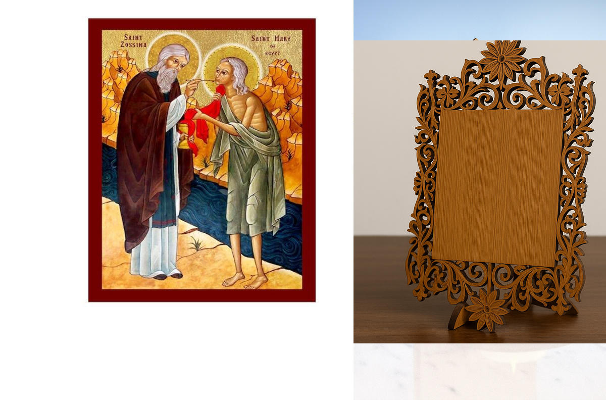 Εικόνα Ορθοδοξίας Δαντέλα μαζι με  Βάση σε  8 χρώματα με περίγραμμα χρυσό σε ξύλο Plywood (Πλακάζ)   με  βάση Εικόνα Αγίων Μαρίας της Αιγύπτου και Ζωσιμά, Χειροποίητη Εικόνα της Παναγίας και του Ζωσιμά, Κρεμαστή πλάκα Βυζαντινής Τέχνης, Χριστιανική Θρησκε