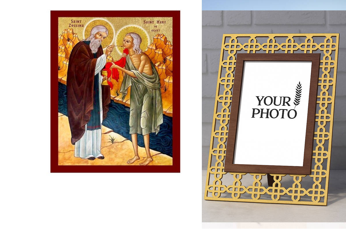 Σετ 2 τεμαχίων – Εικόνα Ορθοδοξίας Πολυτελείας  με  σχεδιο Σταυρούς μαζι με  Βάση σε  8 χρώματα με περίγραμμα χρυσό σε ξύλο Plywood (Πλακάζ)   με  βάση Εικόνα Αγίων Μαρίας της Αιγύπτου και Ζωσιμά, Χειροποίητη Εικόνα της Παναγίας και του Ζωσιμά, Κρεμαστή π