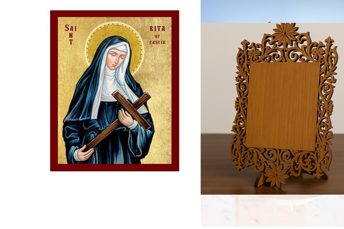 Εικόνα Ορθοδοξίας Δαντέλα μαζι με  Βάση σε  8 χρώματα με περίγραμμα χρυσό σε ξύλο Plywood (Πλακάζ)   με  βάση Εικόνα Αγίας Ρίτας της Κασκίας, Χειροποίητη Θρησκευτική Εικόνα Αγίας Ρίτας, Πλακέτα Βυζαντινής Τέχνης, Χριστιανική Θρησκευτική Τέχνη Διάσταση 40x