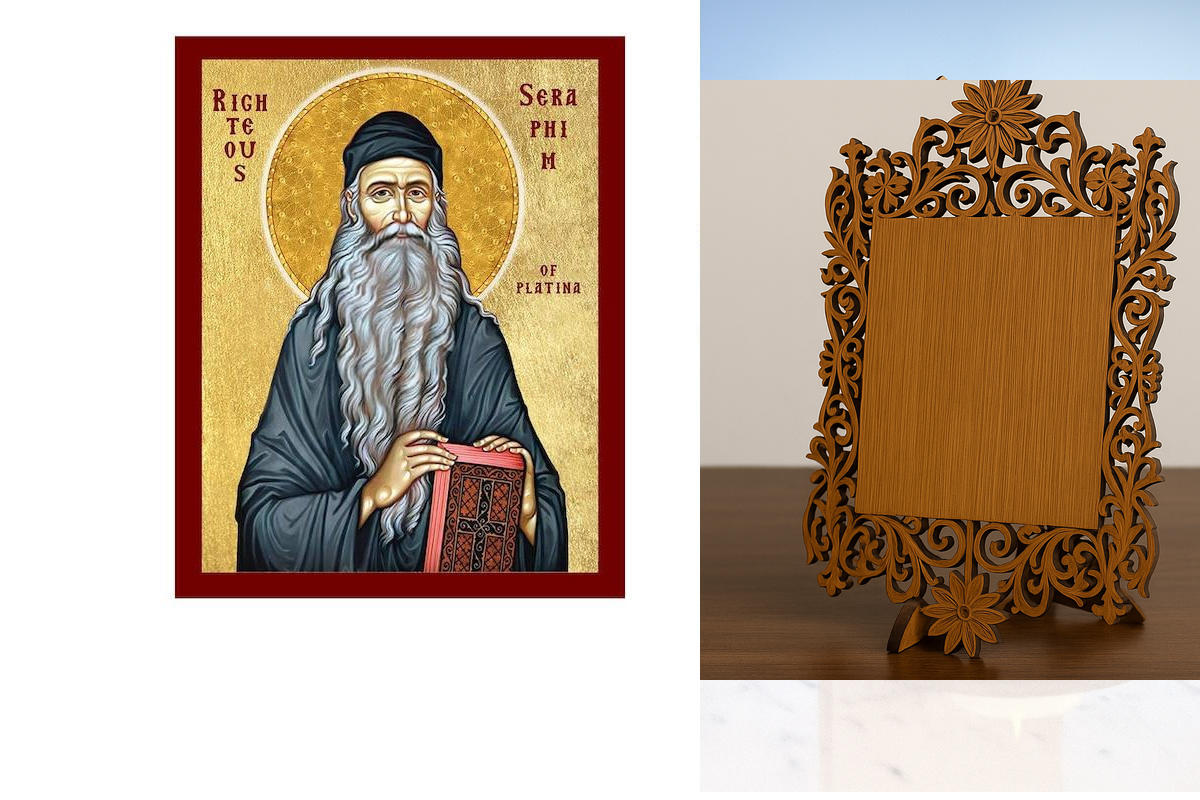 Εικόνα Ορθοδοξίας Δαντέλα μαζι με  Βάση σε  8 χρώματα με περίγραμμα χρυσό σε ξύλο Plywood (Πλακάζ)   με  βάση Εικόνα Τιμίου Σεραφείμ της Πλατίνας, Χειροποίητη Χριστιανική Εικόνα Σεραφείμ, Κρεμαστή πλάκα Βυζαντινής Τέχνης, Χριστιανική Θρησκευτική Τέχνη Διά