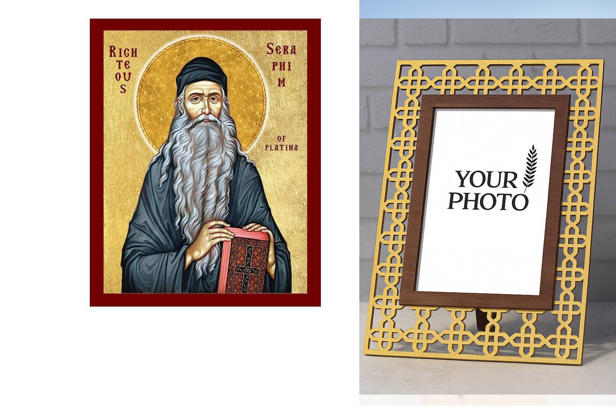 Εικόνα Ορθοδοξίας Πολυτελείας  με  σχεδιο Σταυρούς μαζι με  Βάση σε  8 χρώματα με περίγραμμα χρυσό σε ξύλο Plywood (Πλακάζ)   με  βάση Εικόνα Τιμίου Σεραφείμ της Πλατίνας, Χειροποίητη Χριστιανική Εικόνα Σεραφείμ, Κρεμαστή πλάκα Βυζαντινής Τέχνης, Χριστιαν