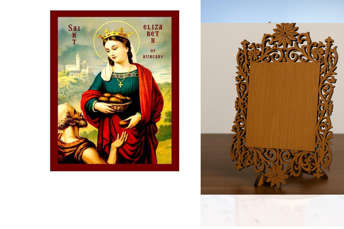 Εικόνα Ορθοδοξίας Δαντέλα μαζι με  Βάση σε  8 χρώματα με περίγραμμα χρυσό σε ξύλο Plywood (Πλακάζ)   με  βάση Εικόνα Αγίας Ελισάβετ της Ουγγαρίας, Χειροποίητη Χριστιανική Εικόνα της Αγίας Ελισάβετ, Κρεμαστή πλάκα Βυζαντινής Τέχνης, Χριστιανική Θρησκευτική