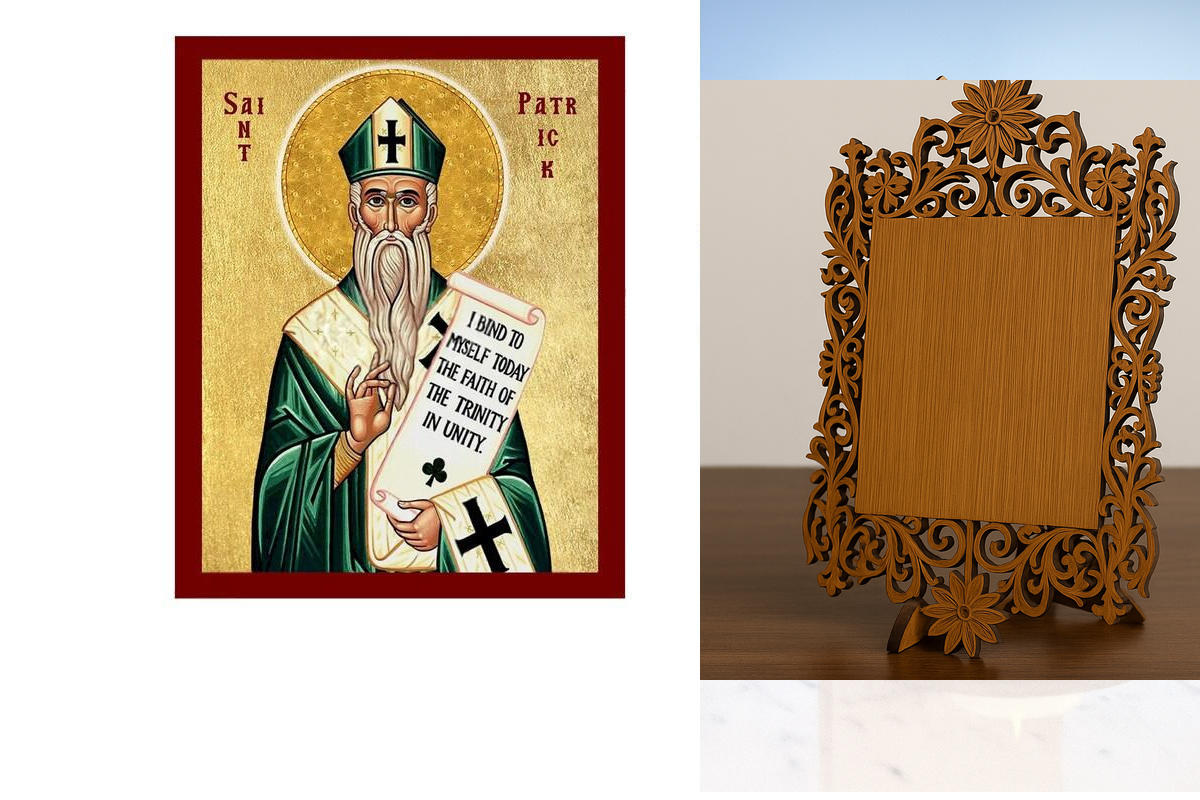 Εικόνα Ορθοδοξίας Δαντέλα μαζι με  Βάση σε  8 χρώματα με περίγραμμα χρυσό σε ξύλο Plywood (Πλακάζ)   με  βάση Εικόνα Αγίου Πατρικίου της Ιρλανδίας, Χειροποίητη Χριστιανική Εικόνα του Αγίου Πατρικίου, Κρεμαστή πλάκα Βυζαντινής Τέχνης, Χριστιανική Θρησκευτι