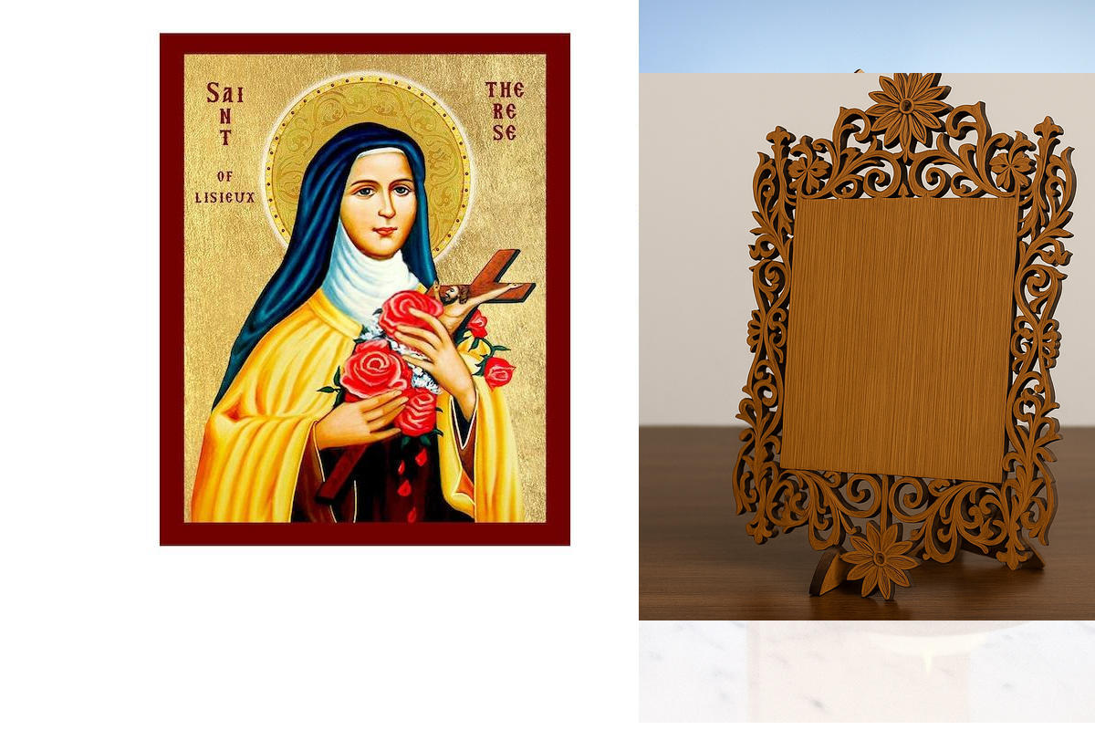 Εικόνα Ορθοδοξίας Δαντέλα μαζι με  Βάση σε  8 χρώματα με περίγραμμα χρυσό σε ξύλο Plywood (Πλακάζ)   με  βάση Εικόνα Αγίας Τερέζας του Λισιέ, Χειροποίητη Χριστιανική Εικόνα της Αγίας Θηρεσίας, Πλακέτα Βυζαντινής Τέχνης, Χριστιανική Θρησκευτική Τέχνη Διάστ