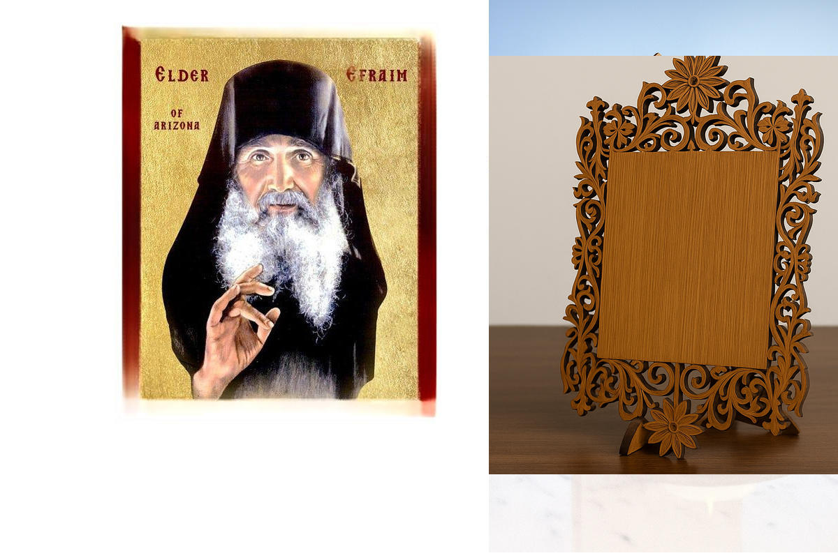 Εικόνα Ορθοδοξίας Δαντέλα μαζι με  Βάση σε  8 χρώματα με περίγραμμα χρυσό σε ξύλο Plywood (Πλακάζ)   με  βάση Εικόνα Γέροντος Εφραίμ της Αριζόνα, Χειροποίητη Χριστιανική Εικόνα του Γέροντα Εφραίμ, Κρεμαστή πλάκα Βυζαντινής Τέχνης, Χριστιανική Θρησκευτική