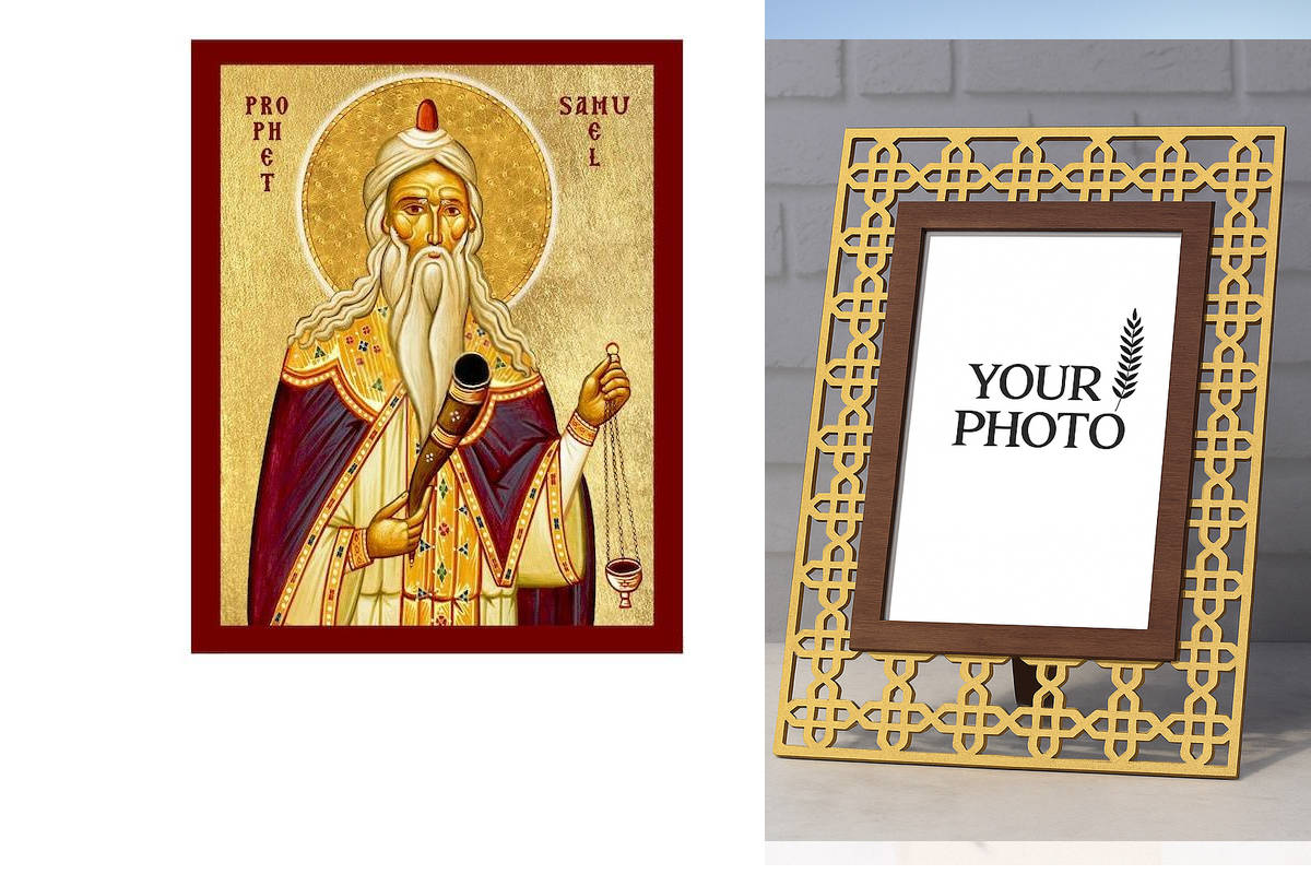 Σετ 2 τεμαχίων – Εικόνα Ορθοδοξίας Πολυτελείας  με  σχεδιο Σταυρούς μαζι με  Βάση σε  8 χρώματα με περίγραμμα χρυσό σε ξύλο Plywood (Πλακάζ)   με  βάση Εικόνα Προφήτη Σαμουήλ, Χειροποίητη Χριστιανική Εικόνα του Προφήτη Σαμουήλ, Κρεμαστή πλάκα Βυζαντινής Τ