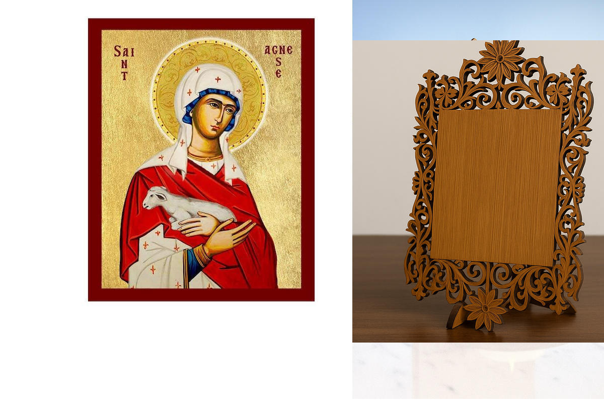Σετ 2 τεμαχίων – Εικόνα Ορθοδοξίας Δαντέλα μαζι με  Βάση σε  8 χρώματα με περίγραμμα χρυσό σε ξύλο Plywood (Πλακάζ)   με  βάση Εικόνα Αγίας Αγνή της Ρώμης, Χειροποίητη Χριστιανική Εικόνα της Αγίας Αγνής, Κρεμαστή πλάκα Βυζαντινής Τέχνης, Χριστιανική Θρησκ