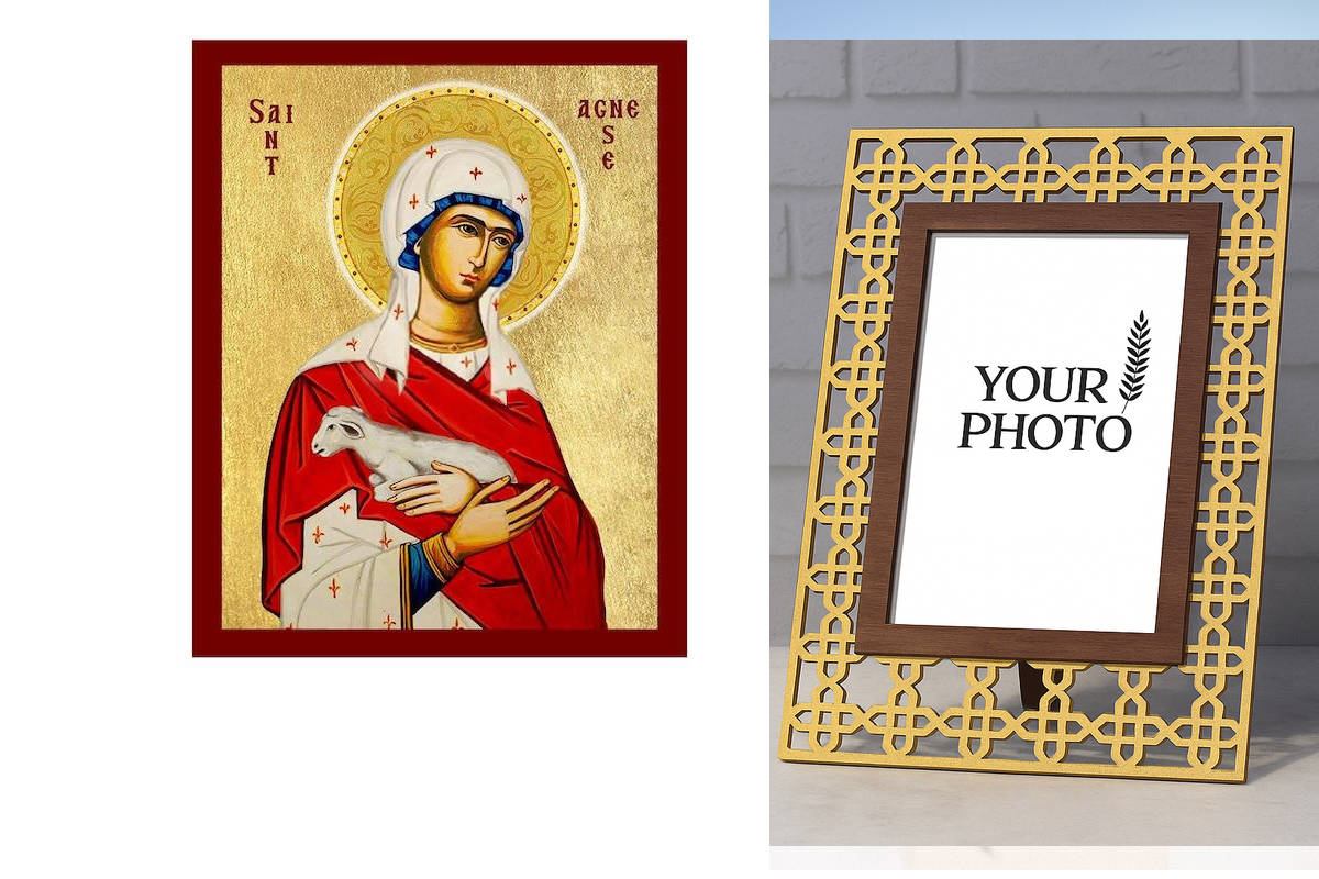 Εικόνα Ορθοδοξίας Πολυτελείας  με  σχεδιο Σταυρούς μαζι με  Βάση σε  8 χρώματα με περίγραμμα χρυσό σε ξύλο Plywood (Πλακάζ)   με  βάση Εικόνα Αγίας Αγνή της Ρώμης, Χειροποίητη Χριστιανική Εικόνα της Αγίας Αγνής, Κρεμαστή πλάκα Βυζαντινής Τέχνης, Χριστιανι