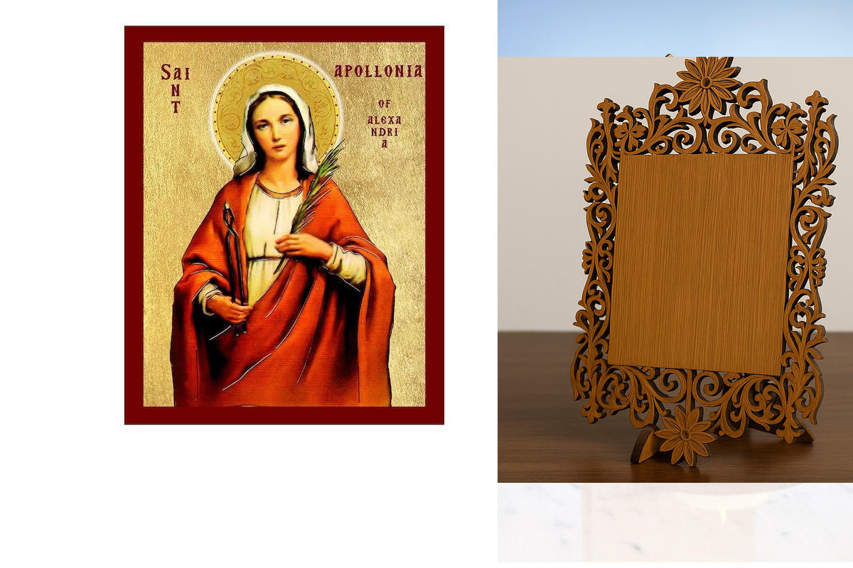 Εικόνα Ορθοδοξίας Δαντέλα μαζι με  Βάση σε  8 χρώματα με περίγραμμα χρυσό σε ξύλο Plywood (Πλακάζ)   με  βάση Εικόνα Αγίας Απολλωνίας Στρασβούργου, Χειροποίητη Χριστιανική Εικόνα Αγίας Απολλωνίας, Κρεμαστή πλάκα Βυζαντινής Τέχνης, Χριστιανική Θρησκευτική