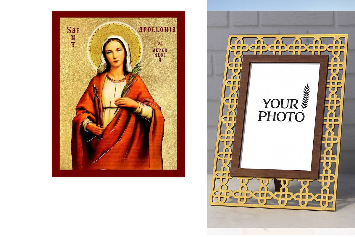 Σετ 2 τεμαχίων – Εικόνα Ορθοδοξίας Πολυτελείας  με  σχεδιο Σταυρούς μαζι με  Βάση σε  8 χρώματα με περίγραμμα χρυσό σε ξύλο Plywood (Πλακάζ)   με  βάση Εικόνα Αγίας Απολλωνίας Στρασβούργου, Χειροποίητη Χριστιανική Εικόνα Αγίας Απολλωνίας, Κρεμαστή πλάκα Β