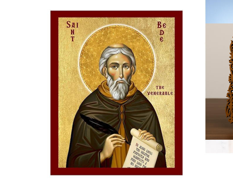 Εικόνα Ορθοδοξίας Δαντέλα μαζι με  Βάση σε  8 χρώματα με περίγραμμα χρυσό σε ξύλο Plywood (Πλακάζ)   με  βάση Άγιος Βέδης η Σεβασμιώτατη Εικόνα, Χειροποίητη Χριστιανική Εικόνα του Αγίου Βέδη, Κρεμαστή πλάκα Βυζαντινής Τέχνης, Χριστιανική Θρησκευτική Τέχνη