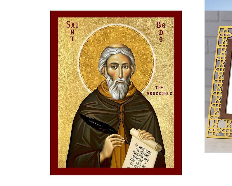 Εικόνα Ορθοδοξίας Πολυτελείας  με  σχεδιο Σταυρούς μαζι με  Βάση σε  8 χρώματα με περίγραμμα χρυσό σε ξύλο Plywood (Πλακάζ)   με  βάση Άγιος Βέδης η Σεβασμιώτατη Εικόνα, Χειροποίητη Χριστιανική Εικόνα του Αγίου Βέδη, Κρεμαστή πλάκα Βυζαντινής Τέχνης, Χρισ